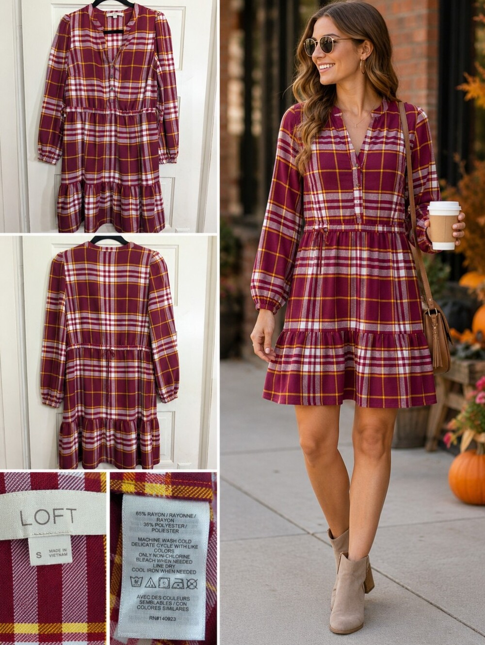 LOFT Burgundy Plaid Tiered Dress – Size Small